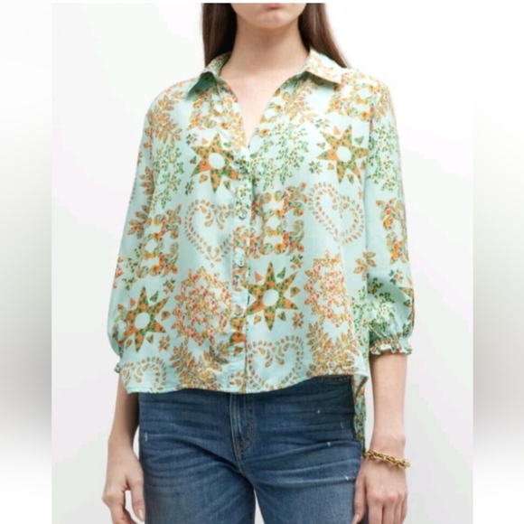 Johnny Was Corbetta Smocked Silk Printed Boho Shirt Blouse Multi Sz S - Picture 1 of 10